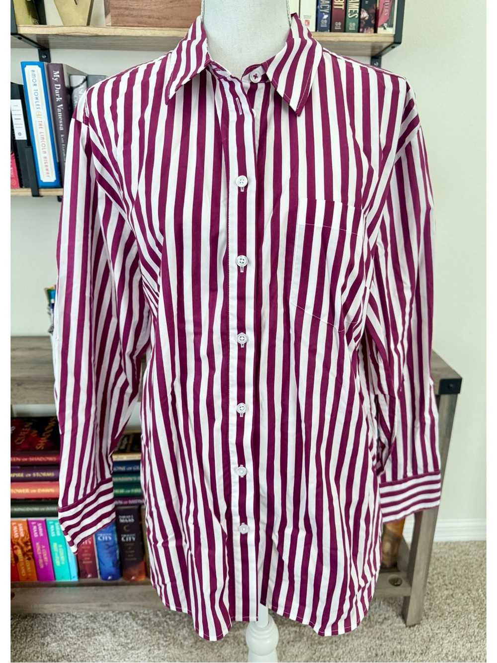 Talbots Burgundy and White Striped Button-Up Shirt